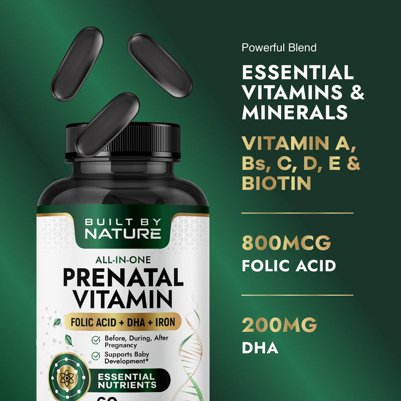 Built by Nature Prenatal Vitamins for Women, 60 Softgels | DHA, Iron, Folic Acid, Prenatal Multivitamin