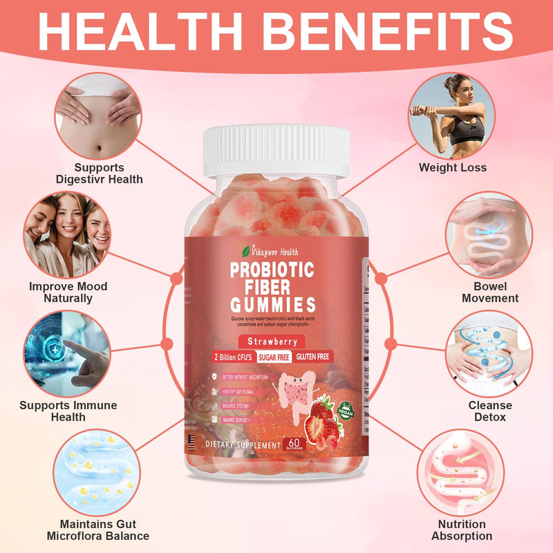 Probiotic Fiber Gummies for Adults, No Sugar Added Strawberry Flavor– 2 Billion CFUs –Vitamin C,Vitamin D–Digestive Health & Regularity Support(120 Count) 2 Count (Pack of 60)