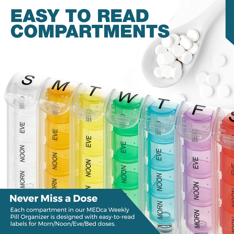 Weekly Pill Organizer - Pill Planners for Pills and Vitamins Day Week, 4 Times-a-Day Medication Reminder, AM PM Compartments Monday to Sunday for Travel or Purse 1 Multi 1 Count (Pack of 1)