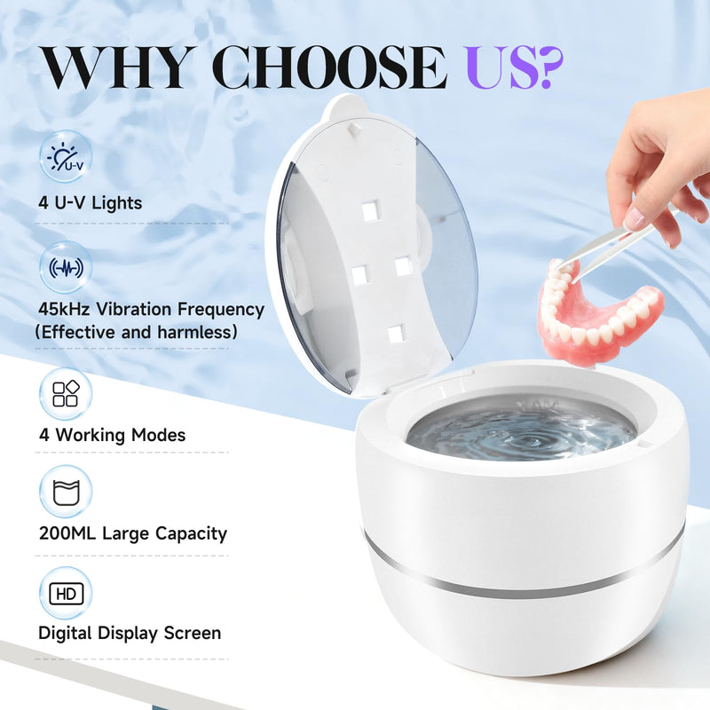 [Australia] - 2025 Ultrasonic Retainer Cleaner Machine for Dentures - 45kHz Retainer Cleaner Machine for Mouth Guards, Braces, Toothbrush Heads, Jewelry with 200ML Capacity, 24W & 4 Modes for All Dental Appliances 