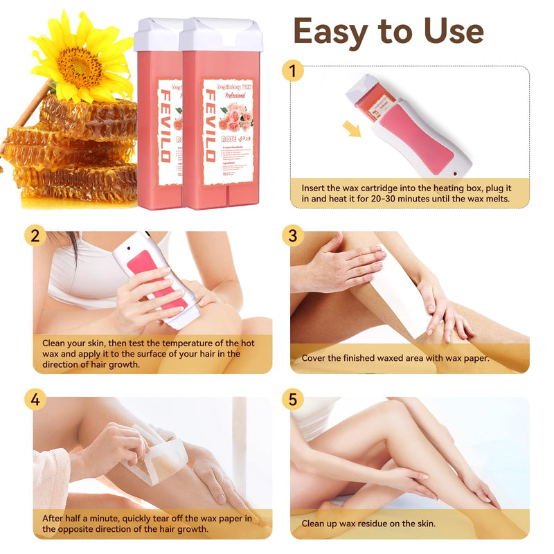 [Australia] - Hair Removal Kit for Hair Removal for Women and Men with Strip, Roll On Wax Kit with 2 Rose Soft Wax Cartridge & 100 Non-Woven Wax Strips, at Home Waxing Kit for Women, Soft, Pink 