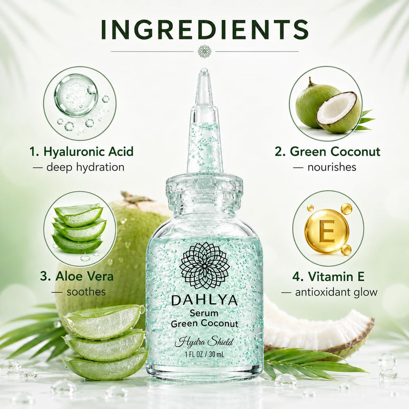 Dahlya Dew Hydrating Face Serum for Dry Skin - Hyaluronic Acid, Aloe Vera, Green Coconut & Vitamin E - Fine Lines & Dehydrated Skin - Brazilian Skincare, All Skin Types, 1 fl oz (30ml)