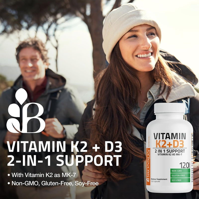 Bronson Vitamin K2 D3 (MK7) Supplement 2-in1 D3 & K2 Complex, 250 Capsules | Bone, Immune & Heart Health Support, Gluten Free, Soy Free, Non-GMO, Vitamin D3 5000IU (125 mcg) & 90 mcg K2 MK-7 250 Count (Pack of 1)