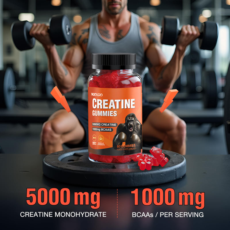 Creatine Gummies 5000mg Creatine Monohydrate with 1000mg BCAAs (1 Month Supply) for Men & Women, Vegan & Sugar-Free, Easy Pre/Post Workout Gym Support for Performance and Muscle Power, 60 Count