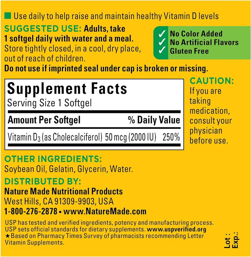 Nature Made Vitamin D3 2000 IU Liquid Softgels 90 ea (Pack of 3) 90 Count (Pack of 3)