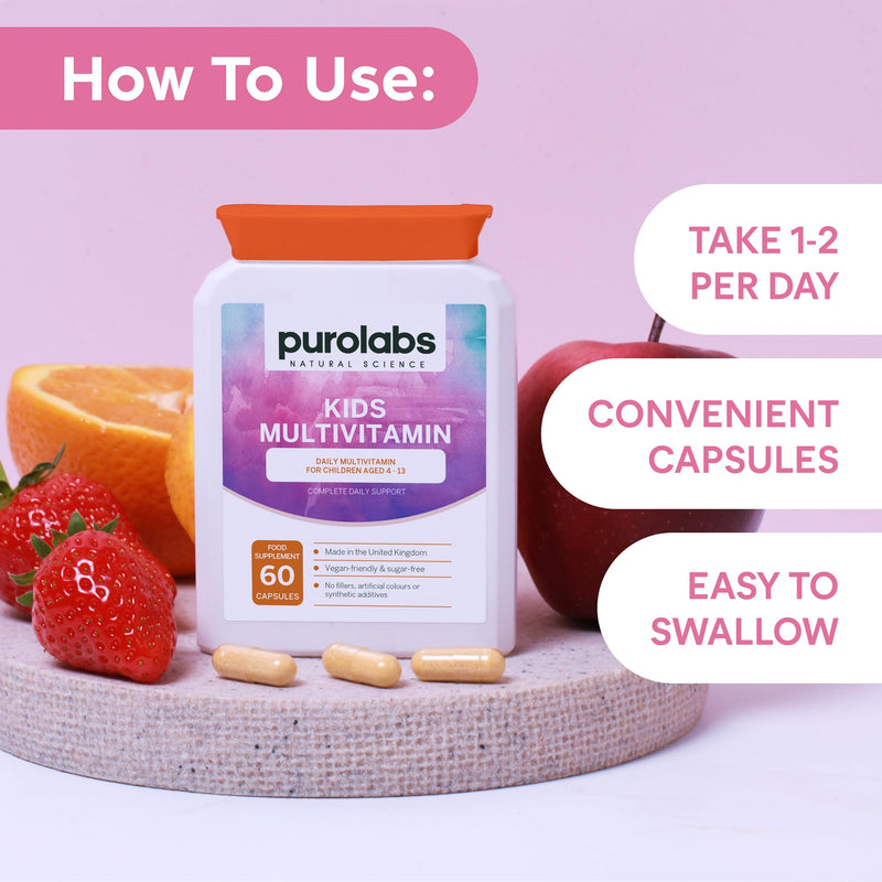 Purolabs Kids Multivitamin – High Strength Multivitamin for Kids with 14 Essential Nutrients – Daily Immune Support – Sugar-Free Vegan Capsules – A Clean Alternative to Kids Multivitamin Gummies