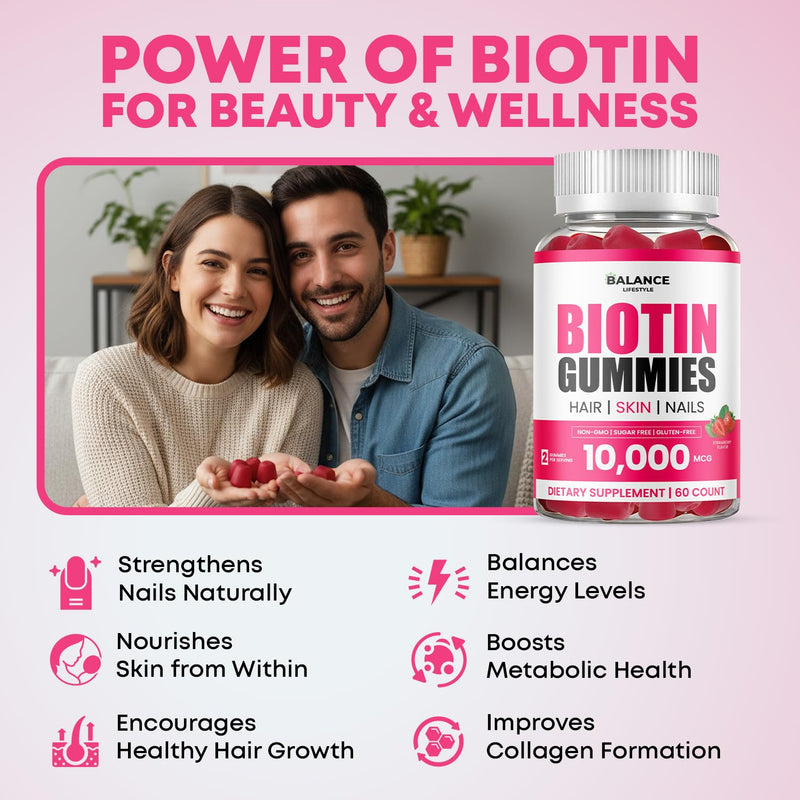 Biotin Gummies 10,000mcg, 60 Vegan Gummies with 7 Essential Vitamins for Hair, Skin & Nails Support, Strawberry Flavour Biotin Supplement Non-GMO, Gluten-Free (Strawberry)