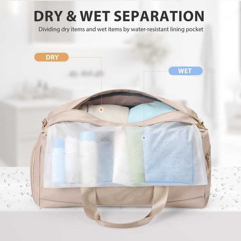 VNINE Duffle Bag for Women Men Travel Bags with Shoes Compartment Carry On Weekender Bag Airlines Approved Duffel Bag with Wet Pocket Water Resistant Overnight Sports Workout Dance Bags Beige