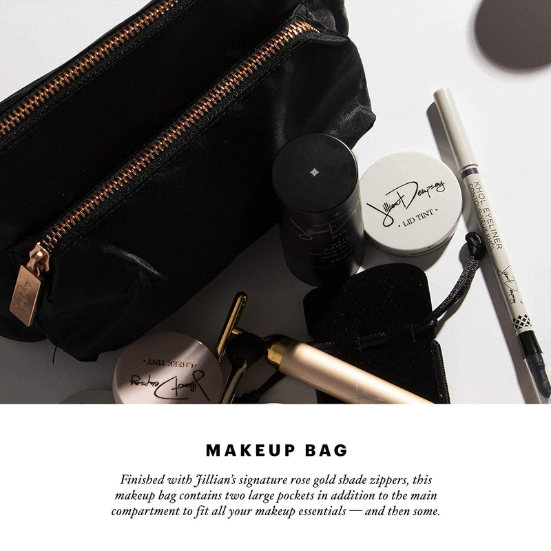 Jillian Dempsey Makeup Bag, Everyday 2-Pocket Cosmetic Organizer, Nylon | Medium everyday cosmetic organizer with two pockets and easy-clean nylon. Black with rose gold, travel-friendly.