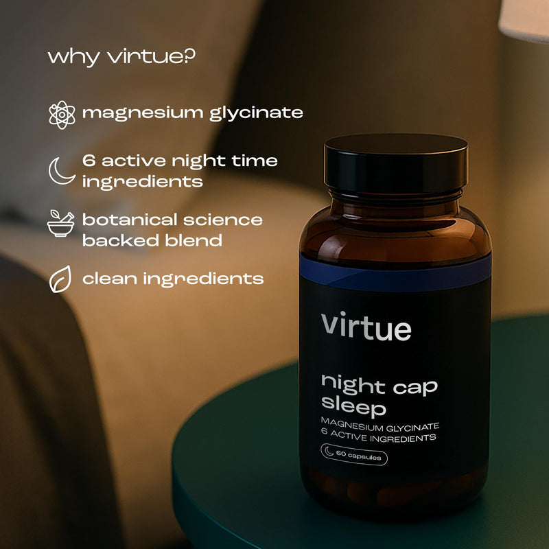 Virtue Night Cap Sleep | Magnesium Glycinate & L-Theanine Sleep Support | 6 Calming Ingredients Sleep Supplement | Natural Sleep Aid | 60 Vegan Capsules