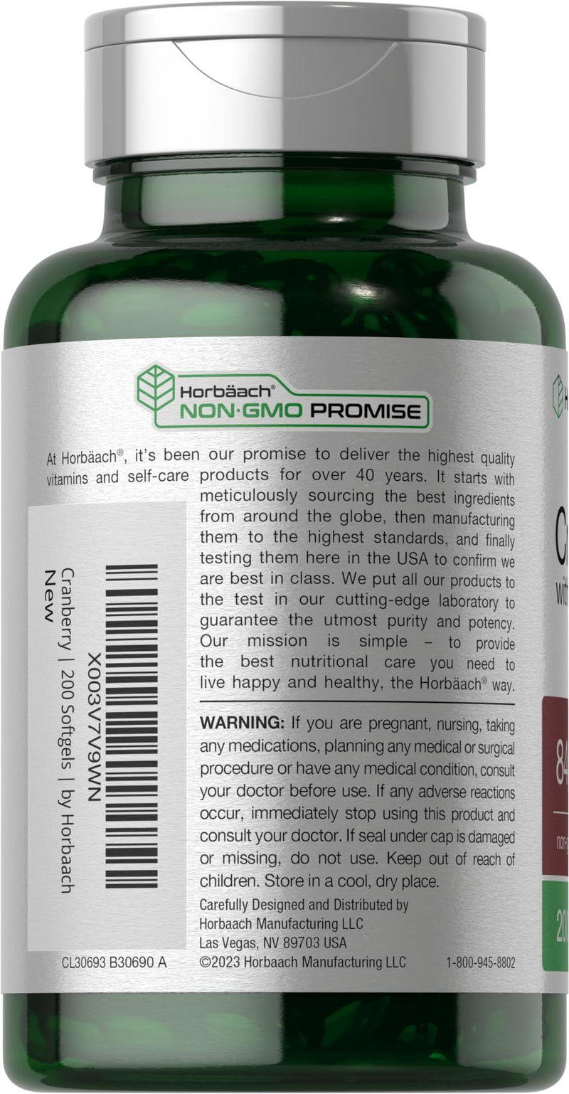 Horbäach Cranberry Pills with Vitamin C | 8400mg | 200 Softgels | Concentrate Extract Supplement | Non-GMO, Gluten Free