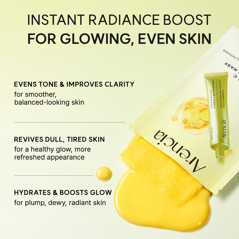 ARENCIA Vitamin C Booster Sheet Mask, Hydrating Face Mask with Glutathione & Niacinamide, Supports Even-Looking Skin Tone & Smooth Texture, 5 Sheets