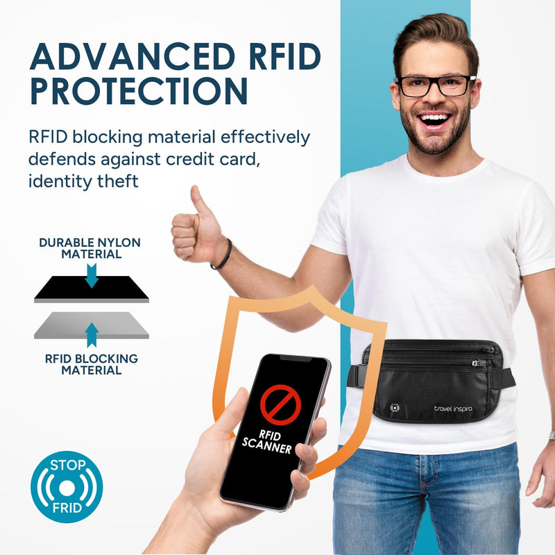 travel inspira Slim Anti-Theft RFID Blocking Travel Money Belt & Passport Holder - Concealed Under Clothes