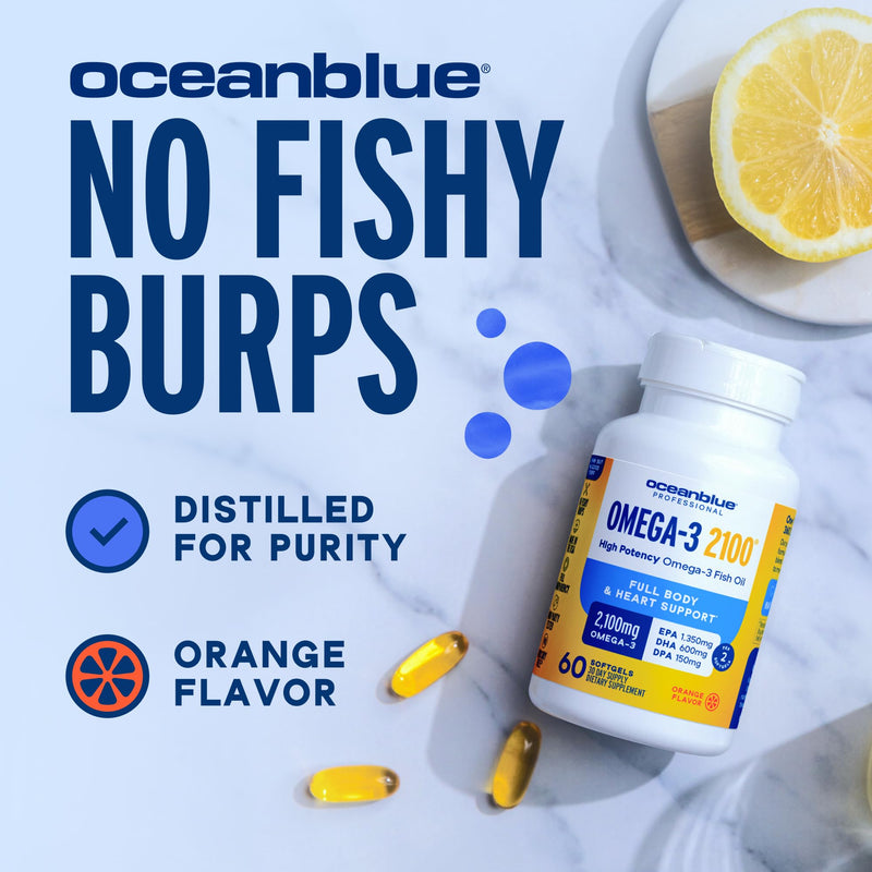 Oceanblue Professional Omega-3 2100 Mini Softgels - Triple Strength DPA EPA DHA Omega 3 Supplement - Easy to Swallow Burpless Wild Caught Fish Oil - Orange Flavor, 120 Softgels 120 Mini Count (Pack of 1)