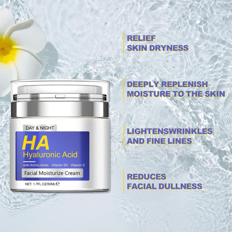 Hyaluronic Acid Moisturizer with Airless Pump, Facial Moisturize Cream with Amino Acids, Vitamin B5, Vitamin E, Anti-Aging, Hydrating, Reducing Fine Lines for Women, Suitable for Dry Skin, 1.7 Fl. Oz