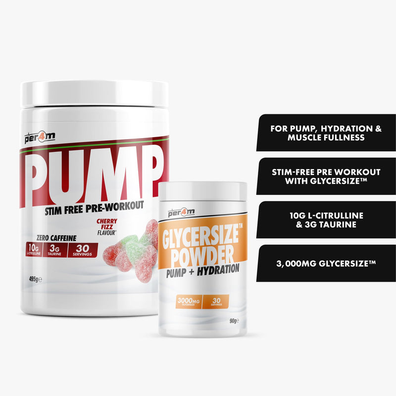 Per4m Pump Stim Free Pre Workout & Glycersize™ Powder | 10g L-Citrulline, 3g Taurine & 3000mg Glycersize for Pump, Hydration & Muscle Fullness | 30 Servings, 495g + 90g (585g, Cherry Fizz) 585g