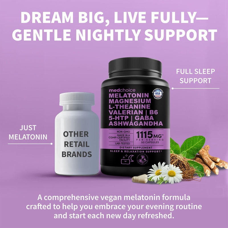 MEDCHOICE 12-in-1 Melatonin 5mg Sleep Capsules with Magnesium, 90ct | Nighttime Relaxation Support, Melatonin 5mg with Magnesium Glycinate, Ashwagandha and GABA, Sleep Supplement 90 Count (Pack of 1)