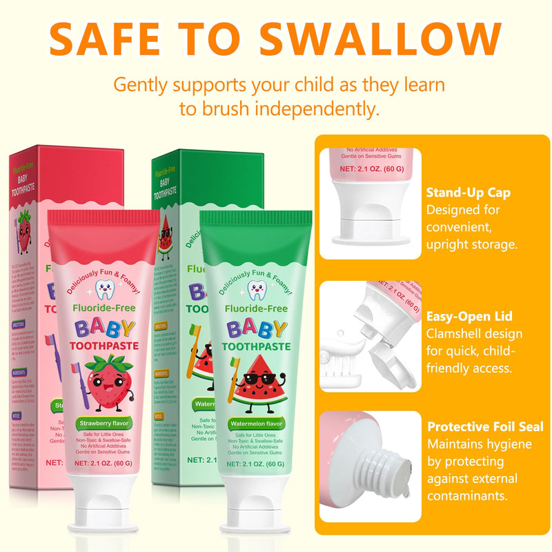 2PACK Kids Toothpaste Watermelon and Strawberry Flavor, Swallowable Toothpaste with xylitol and Vitamin E, Fights Plaque, Designed for Children, 2.1OZ Strawberry+Watermelon
