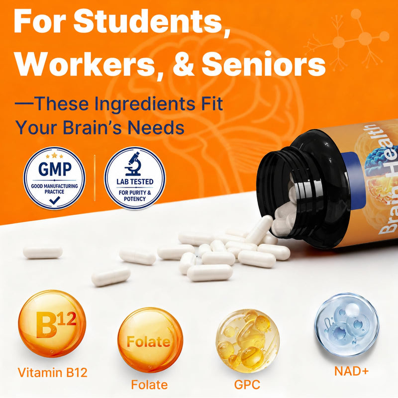 Brain Supplement for Memory and Focus, with NAD+ GPC Folate & Vitamin B12 | Brain Health Nutrition for Daily Cognitive & Brain Wellness, Mental Clarity Support, Improves Concentration 30 Capsules