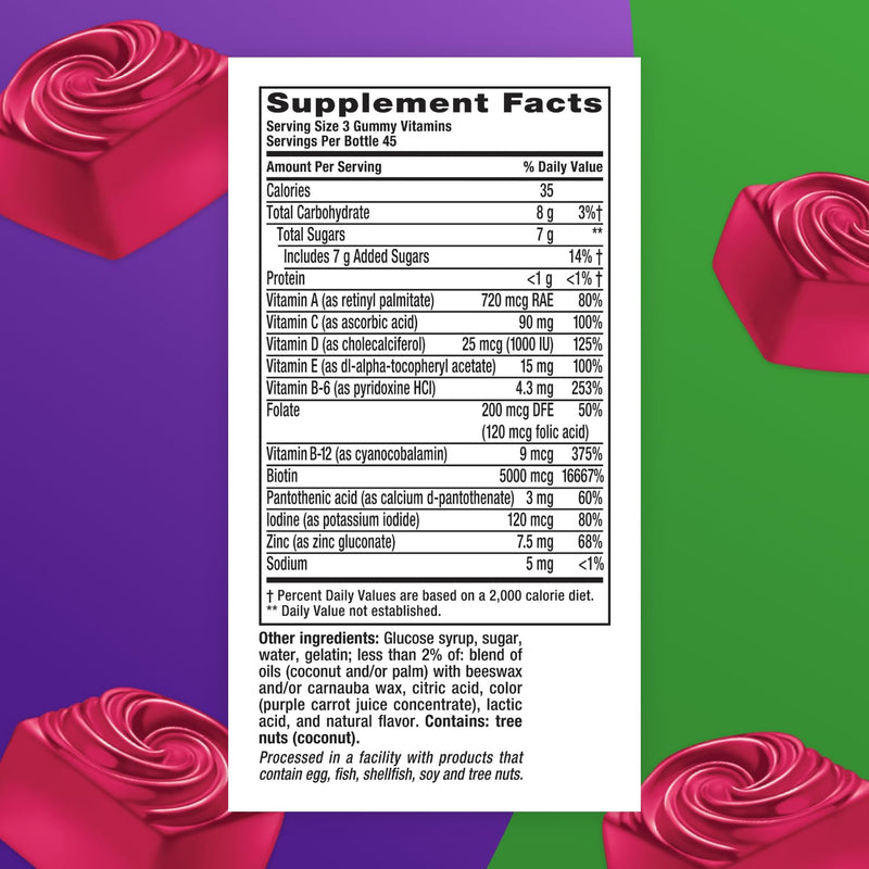 Vitafusion Hair Skin and Nails Vitamins | Biotin 5000mcg | 135 Gummies Raspberry 135 Count (Pack of 1)
