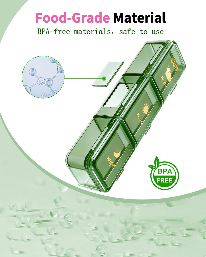Weekly Pill Organizer 3X a Day, Large 7 Day Pill Box 3 Times a Day with 7 Compartments, Portable Travel Daily Pill Box for Medication, Vitamins, Fish Oil and Supplements, Green Luxury Green