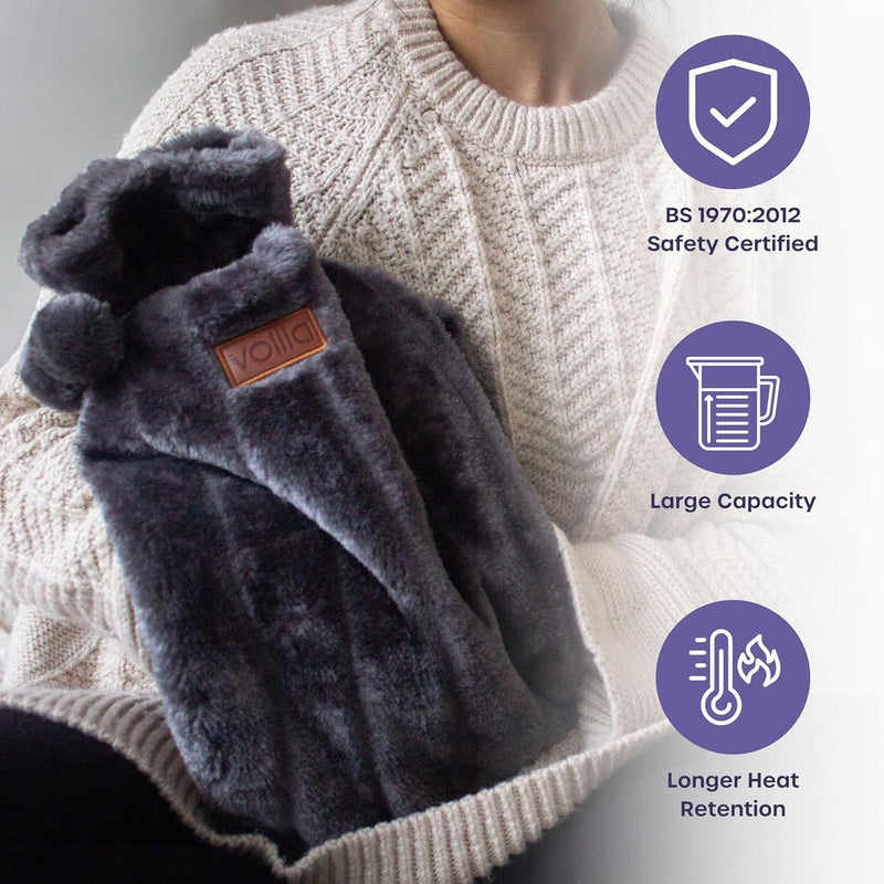 [Australia] - 3.5L Hot Water Bottle with Zipper and Handbag - Gray Hot Water Bottle XXL with Faux Fur Cover for Pain Relief - Washable Hot Water Bottle for Hot and Cold Compresses Gray Huggable - 3.5L 