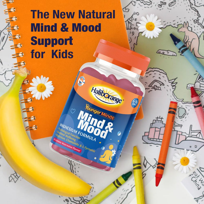 Haliborange YoungerMinds Mind & Mood Gummies for Kids 6–16 | Sugar-Free Daily Supplement with Magnesium, L-Tyrosine, Thiamin & Chamomile | Supports Focus, Calm & Emotional Balance – 60 Gummies