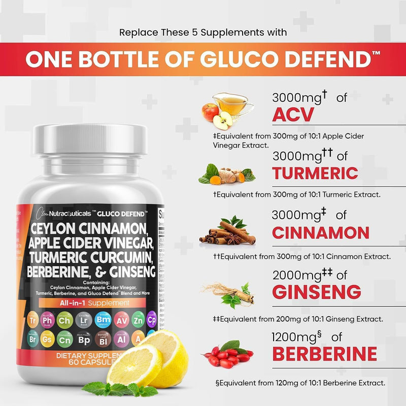 [Australia] - Clean Nutraceuticals Ceylon Cinnamon 3000mg Turmeric 3000mg Apple Cider Vinegar 3000mg Ginseng 2000mg Berberine 1200mg Plus Bitter Melon Gymnema Milk Thistle Fenugreek 