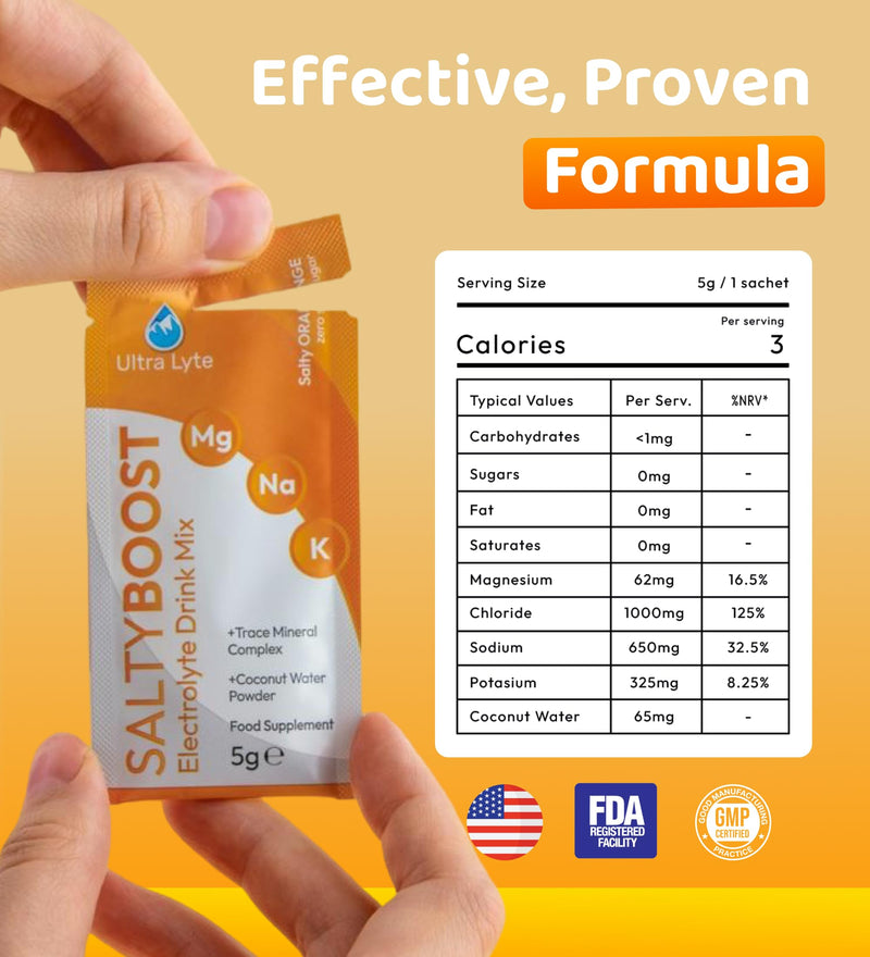 Ultra Lyte Electrolytes Drink Mix Sachets - Sugar-Free Electrolytes Powder with High Sodium, Trace Minerals and Coconut Water - Rehydration for Fitness (24 Sachets, Salty Orange) 24 Sachets
