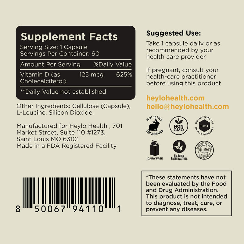 Heylo Vitamin D3 5000 IU (125 mcg) – High-Potency Vitamin D Supplement for Immune Support, Bone Strength & Mood – 60 Capsules (2-Month Supply) – Easy-to-Swallow, Non-GMO, Gluten-Free, Made in USA