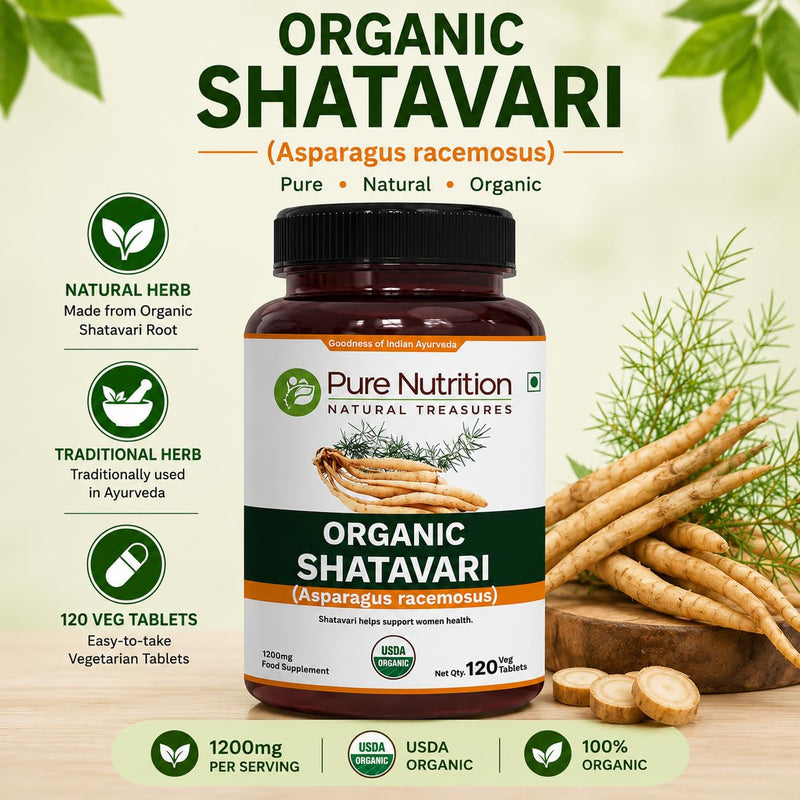 Pure Nutrition Organic Shatavari Tablets - 1200mg | 120 Count | USDA Organic | Promotes hormonal Balance & Female Reproductive Health | Non-GMO | Gluten-Free 120 count (Pack of 1)