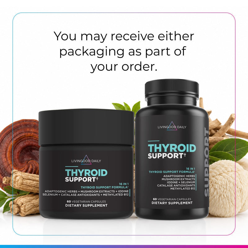 Livingood Daily 16-in-1 Thyroid Support Supplement, 60 Capsules | Iodine (Kelp Stipe & Fronds), Selenium, Magnesium, Adaptogenic Herbs, Catalase Antioxidants, Vitamin B12, Vegan, Made in USA