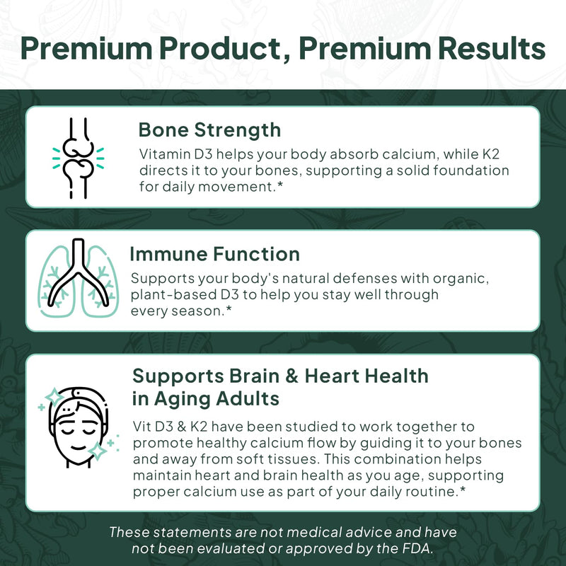 Organics Ocean Better D3 + K2-100% Organic VIT D3 and K2 Supplements with Maximum Bioavailability - Supports Bone Density, Calcium Balance, Immunity & Mood - 1-Pack, 30-Day Supply 30 Count (Pack of 1)