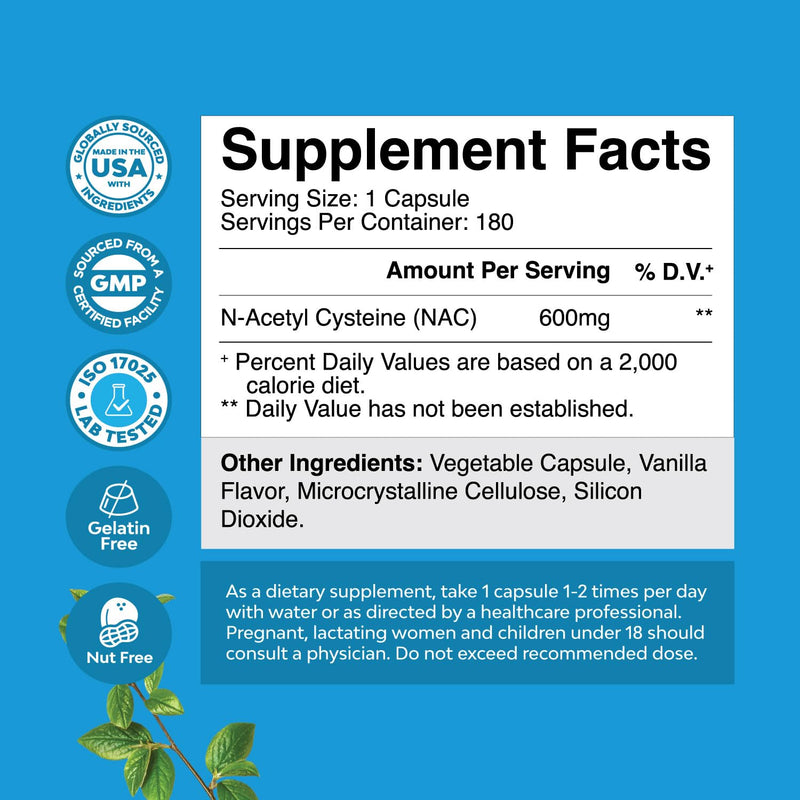[Australia] - NAC Supplement N-Acetyl Cysteine 600mg - Potent Vegan High Absorption NAC 600 mg Capsules Glutathione Precursor for Liver Cleanse Detox & Repair plus Lung Health and Immunity Support (180ct) 180 Count (Pack of 1) 