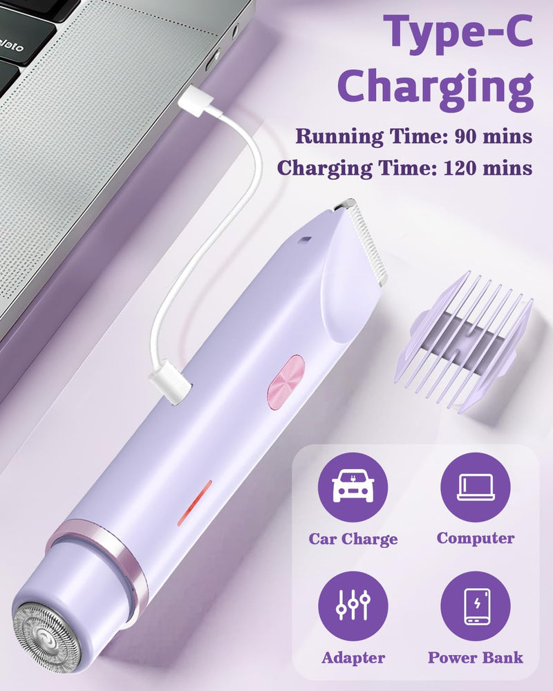 [Australia] - Bikini Trimmer for Women, Dual-Head Women's Electric Razor, 2-in-1 Electric Shaver for Women Pubic Hair/Legs/Arms/Underarm/Face, IPX7 Waterproof Wet/Dry Use (Purple) Purple 