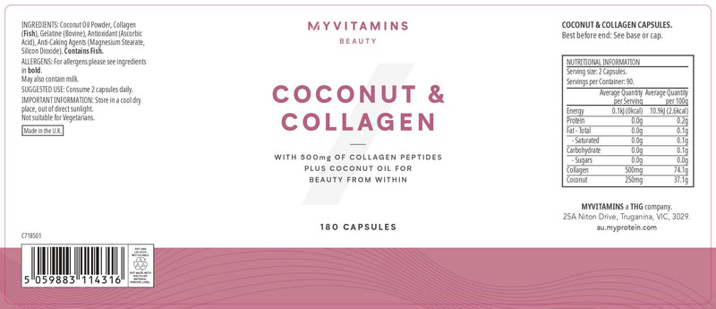 Myprotein Coconut & Collagen Capsules – Hydrolysed Collagen, Coconut Oil & Vitamin C – Supports Skin Health, Glow & Elasticity – 180 Capsules - 90 Servings (3 Month Supply) Coconut Collagen - Capsules 180 count (Pack of 1)