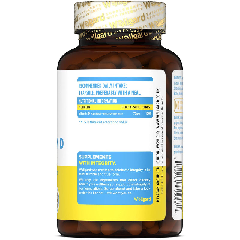 Vegan Vitamin D3 High Strength 3000 IU Capsules by Wellgard, Maximum Strength Vitamin D Supplement, Made in UK