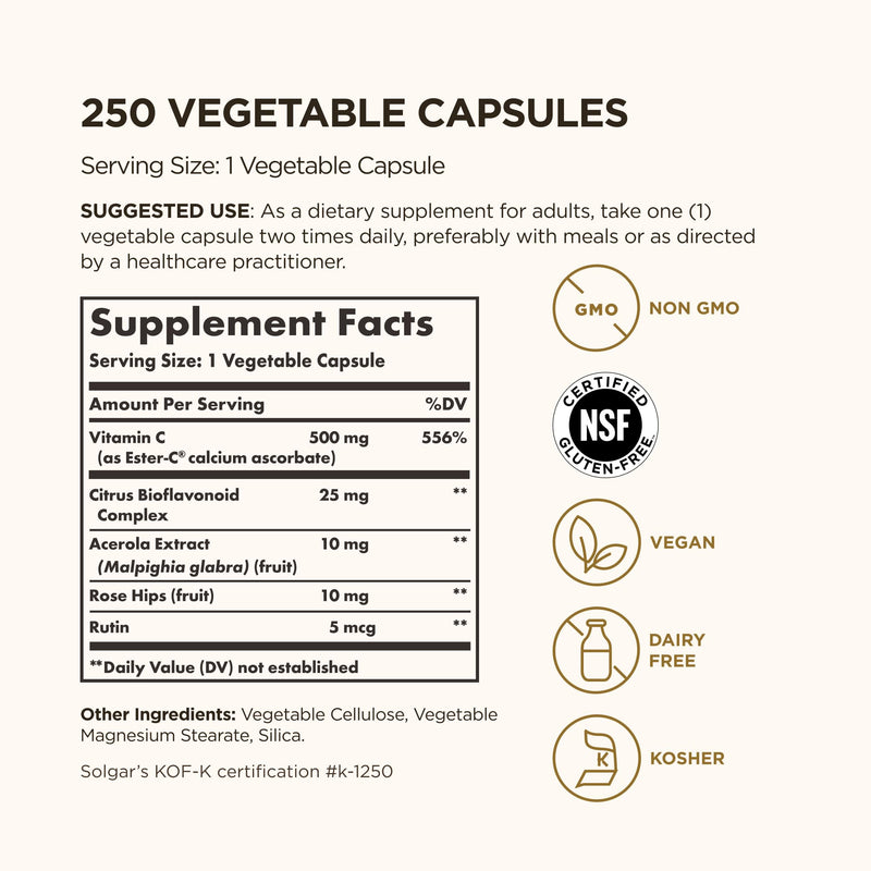 [Australia] - Solgar Ester-C Plus 500 mg Vitamin C (Ascorbate Complex), 250 Vegetable Capsules - Gentle & Non Acidic - Antioxidant & Immune Support - Non GMO, Vegan, Gluten Free, Kosher - 250 Servings 250 Count (Pack of 1) 