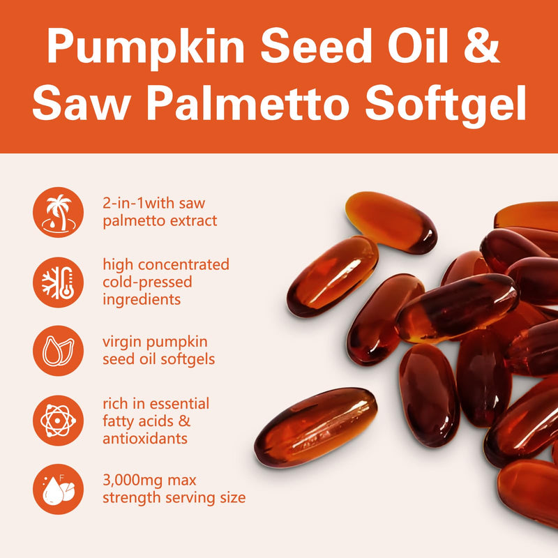 [Australia] - Pumpkin Seed Oil with Saw Palmetto, 3000mg Per Serving, 300 Softgels | Cold Pressed, Pure Virgin Oil, Essential Fatty Acids & Phytosterols | Supports Hair, Urinary, Bladder & Prostate Health | Non-GMO 