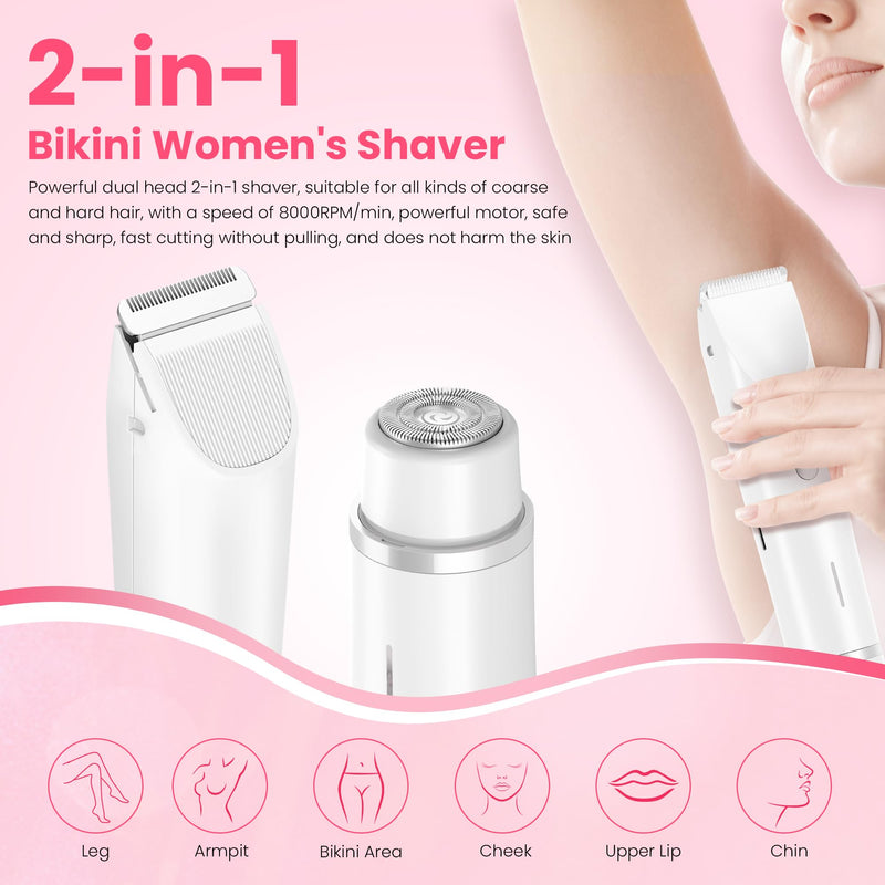 [Australia] - Bikini Trimmer for Women-2 in 1 Dual Head Electric Razors,USB Rechargeable Bikini Electric Shaver,IPX7 Waterproof Dry & Wet Use Body Hair Trimmer and Facial Hair Remover for Underarm Leg Body,White White 