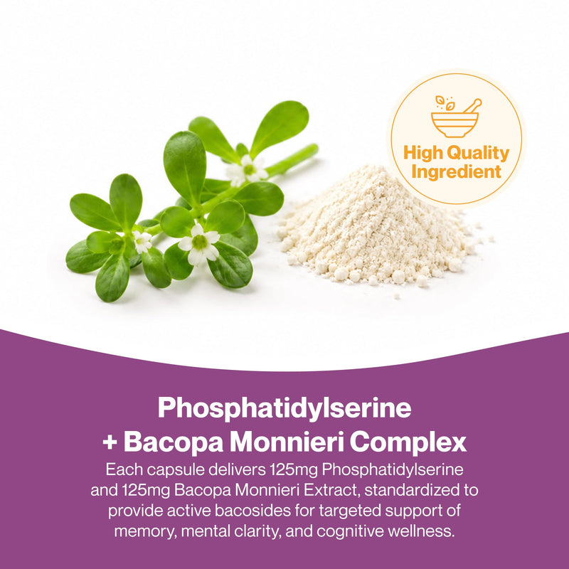 Hepatica Phosphatidylserine + Bacopa Monnieri | 125mg PS | Bacopa 20:1 Extract Standardised to 50% Bacosides (62.5mg) | 90 Vegan Capsules | 3-Month Supply | GMP & 3rd Party Lab Tested