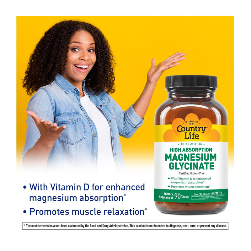 Country Life Magnesium Glycinate 350 mg with Vitamin D3, 90 Tablets | 350 mg magnesium bisglycinate plus 1,000 IU vitamin D3 per serving for enhanced magnesium absorption and muscle relaxation