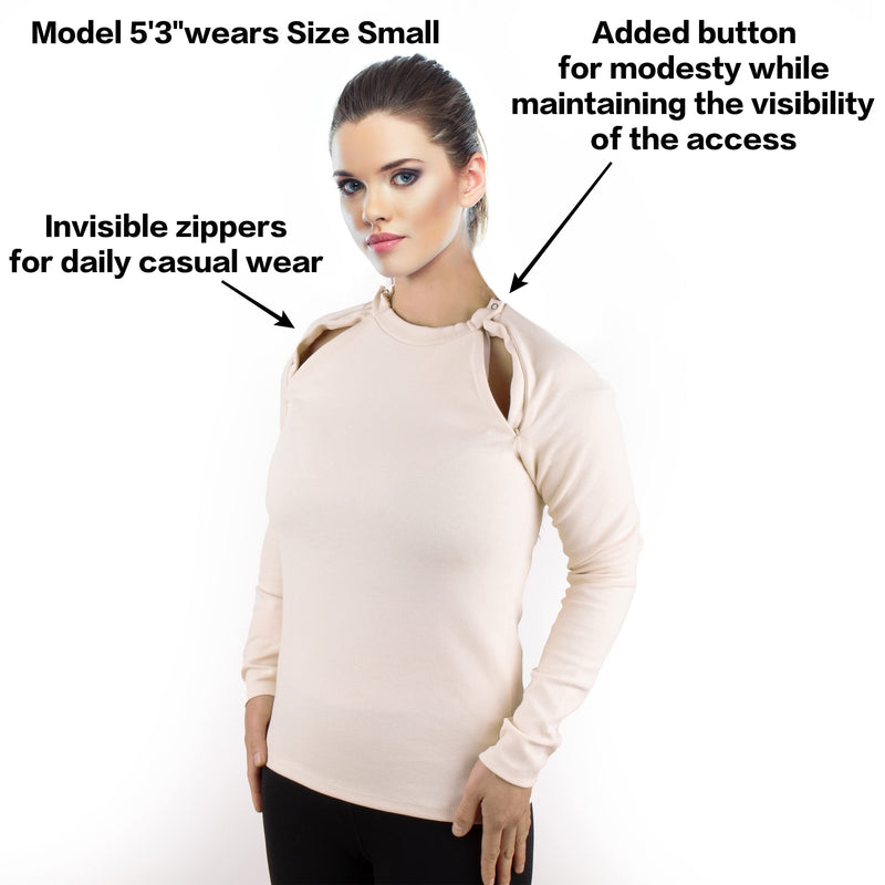 [Australia] - Hemodialysis | Chemotherapy Sweater with Port Access | Invisible Left and Right Chest Zippers for Women Large Off-white 