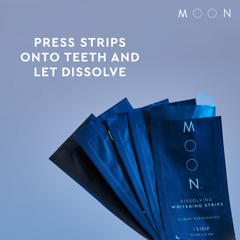 MOON Dissolving Teeth Whitening Strips, 56 No Rinse White Strips, Peppermint, Hydrogen Peroxide & Essential Oils, Whiten Sensitive Teeth up to 7 Shades in 2 Weeks, Travel Essentials, Vegan Oral Care Lunar Peppermint (28 Treatments)