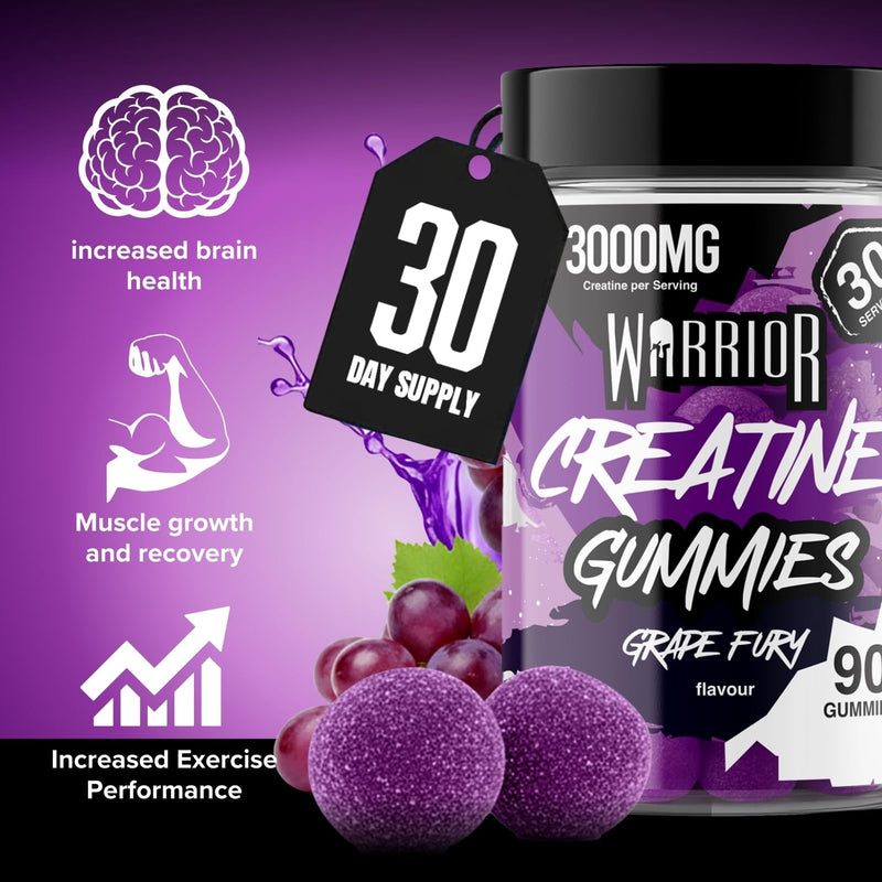 Warrior Creatine Gummies 90 Gummies – 1000mg Each – 30 Day Supply – High Strength Creatine Monohydrate Gummies – Vegan, Sugar Free Chewable Supplement for Strength & Recovery (Grape Fury) Grape Fury