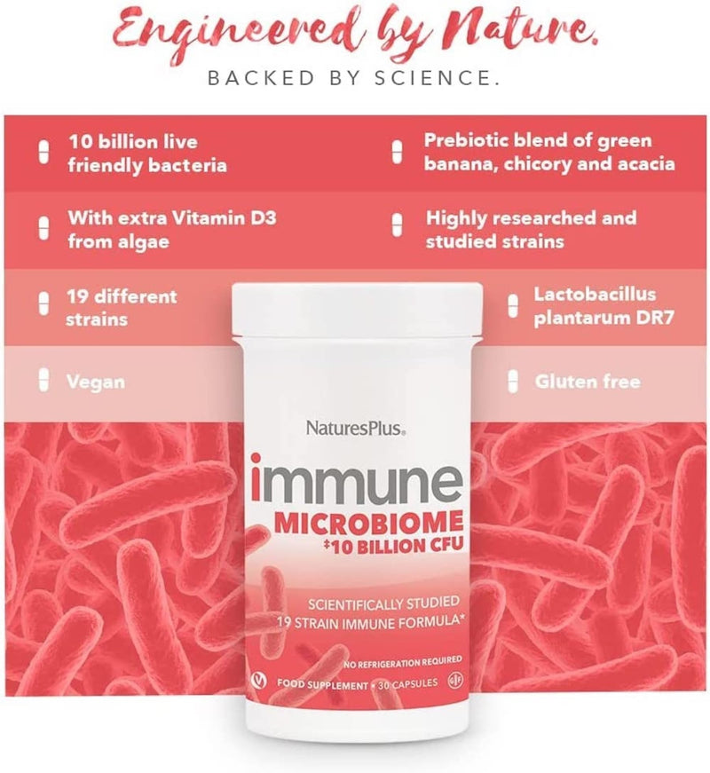 NaturesPlus Immune Microbiome 10 Billion CFU - Immune Support Probiotic Supplement -19 Strains, Prebiotics and Vitamin D3 - Vegan, Gluten Free - 30 Capsules