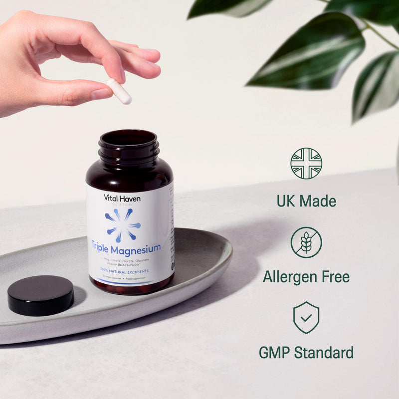 Magnesium Supplement - Citrate + Glycinate + Taurate with Vitamin B6 and BioPerine - 2 Capsules - UK Made 120 count (Pack of 1)