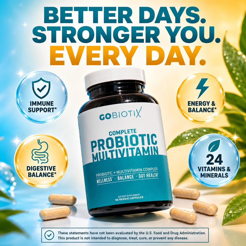 GOBIOTIX Multivitamin with Probiotics and Digestive Enzymes - 25 Billion CFU - Digestive Health, Probiotics for Women and Men - Gluten Free Pills - 90 Capsules 90 Count (Pack of 1)