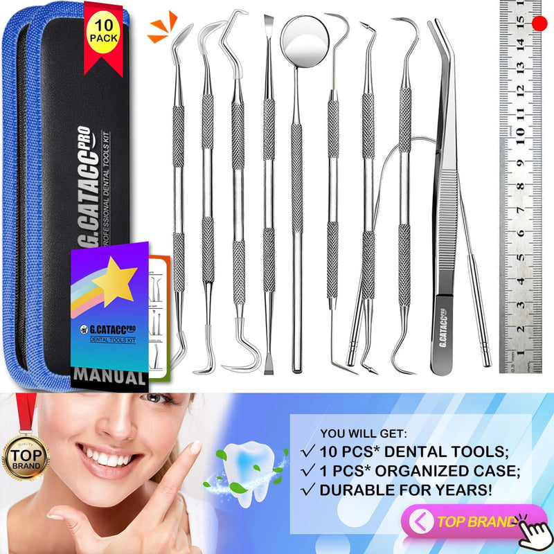 [Australia] - G.CATACC 10 Pack Dental Tools, Professional Plaque Remover for Teeth Cleaning Tools Set, Stainless Steel Hygiene Kit with Dental Pick Tooth Scraper Plaque Tartar Remover Tongue Cleaner - with Case 10 Pack Dental Tools Set With Case - Dark Blue 