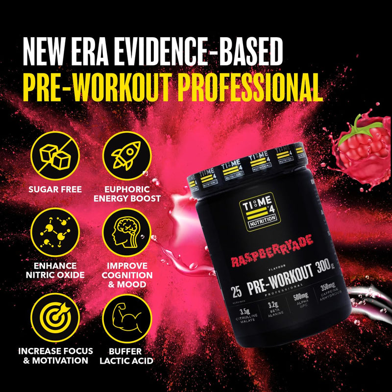 Time 4 Pre Workout Professional High Strength Vegan Pre Workout Powder for Men & Women Energy Drink Zero Sugar with L Citrulline Malate, Beta Alanine, L-Tyrosine, Alpha GPC, Theacrine (Raspberryade) Raspberryade